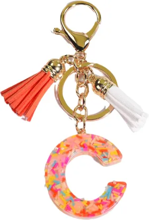 COLORFUL BLING Alphabet Keychain Pink Donut Candy Tassel Initial Letter Key Chain Charm Pendant Purse Handbags Women