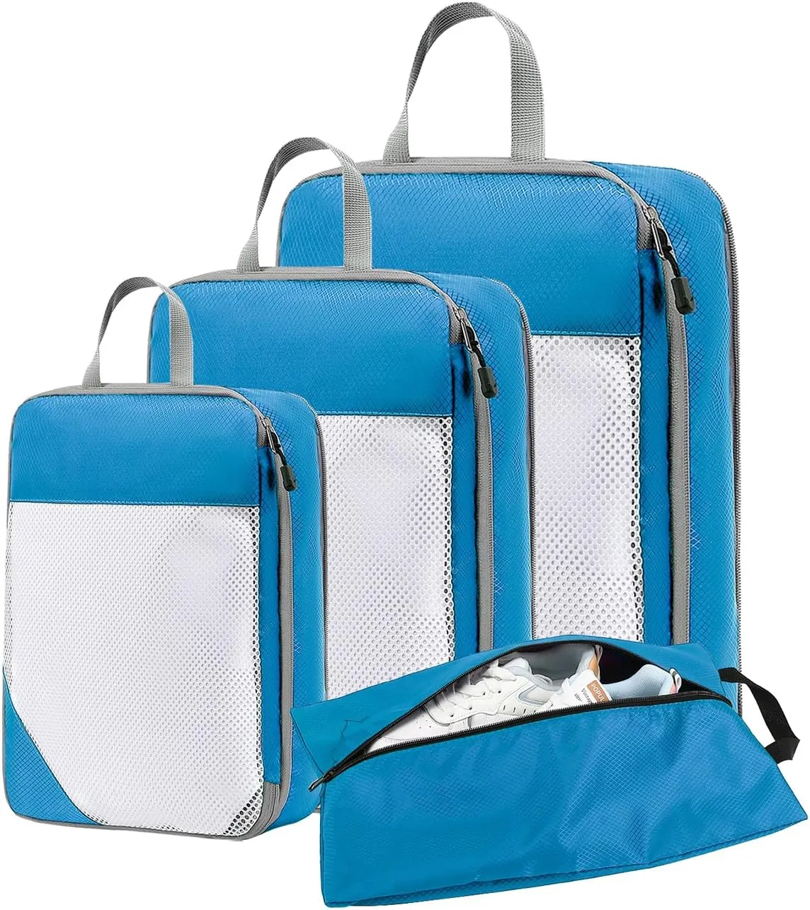 Compression Packing Cubes for Travel, 3 Set Packing Cubes Travel Organizer and 1 Set Shoe Bag, Compressible Travel Essentials Packing Organizers Travel Essentials for Women/Men