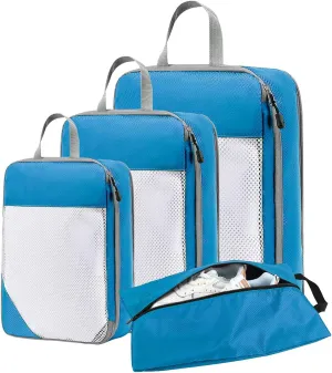 Compression Packing Cubes for Travel, 3 Set Packing Cubes Travel Organizer and 1 Set Shoe Bag, Compressible Travel Essentials Packing Organizers Travel Essentials for Women/Men