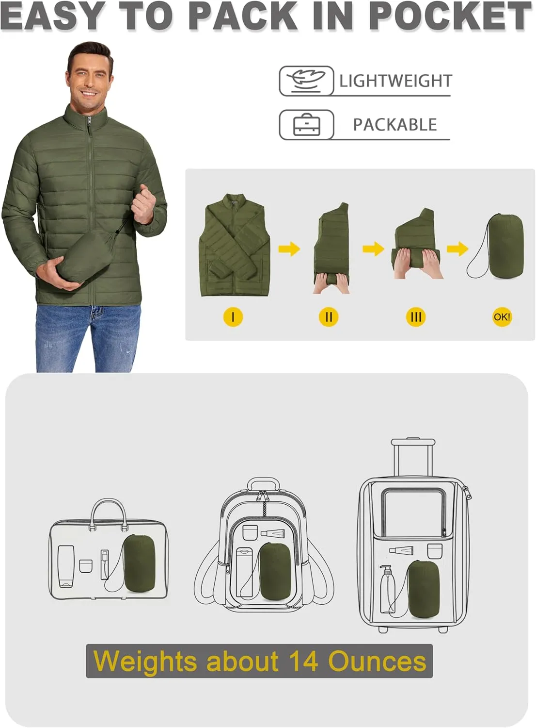 COOFANDY Mens Puffer Jacket Packable Lightweight Jackets Winter Coat Windproof Zipper Down Jacket