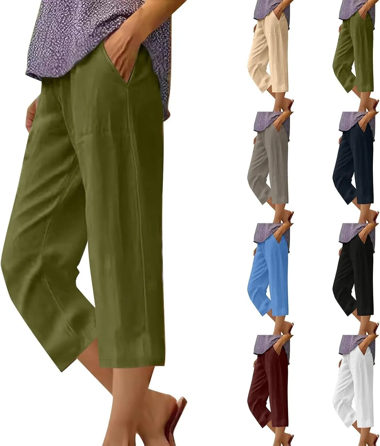 Cotton Linen Capri Shorts for Women's Summer Solid Comfy Wide Leg Short Pants Beach Vacation Cropped Trousers