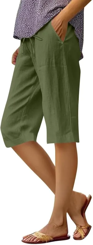 Cotton Linen Capri Shorts for Women's Summer Solid Comfy Wide Leg Short Pants Beach Vacation Cropped Trousers