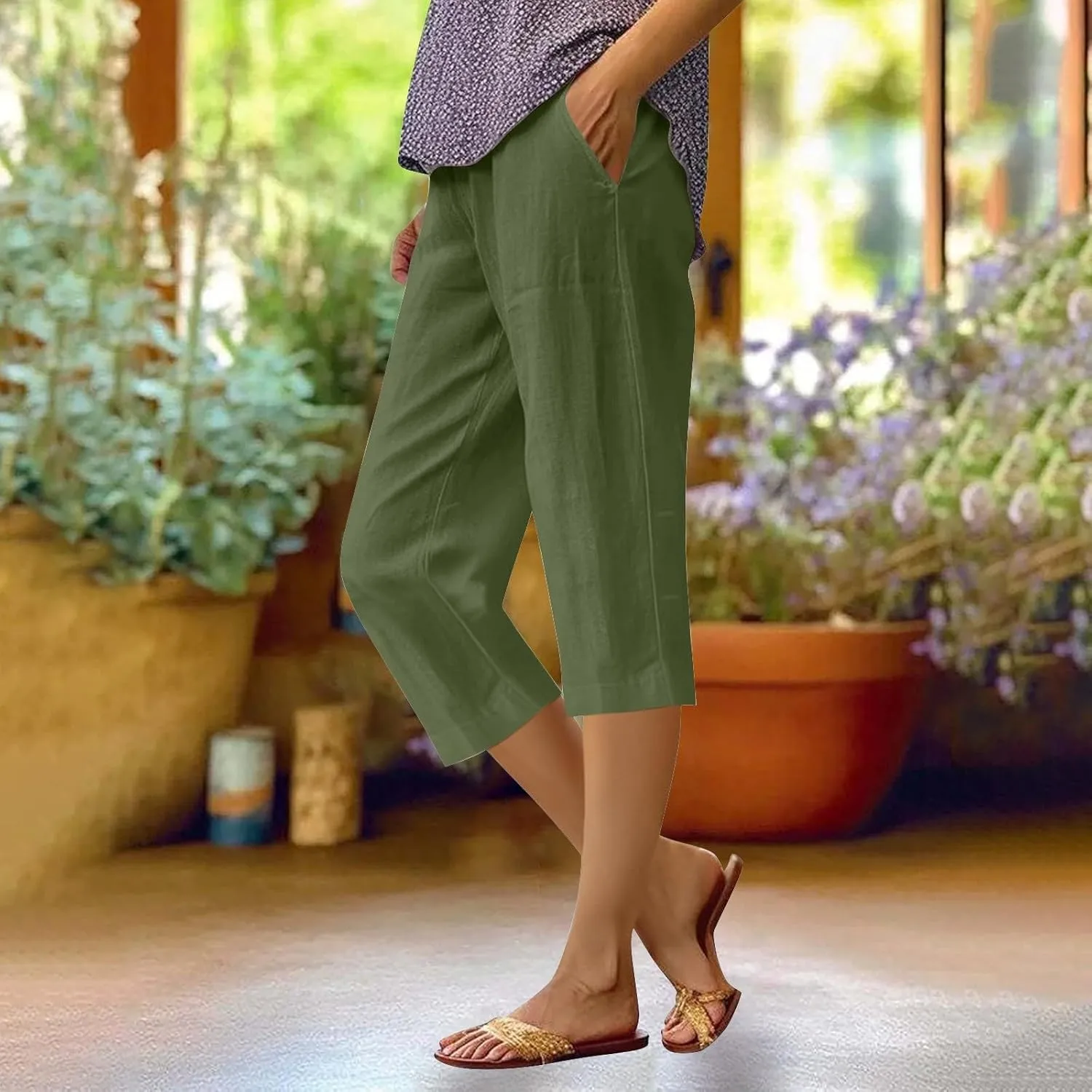 Cotton Linen Capri Shorts for Women's Summer Solid Comfy Wide Leg Short Pants Beach Vacation Cropped Trousers