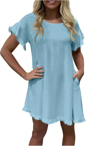 Cotton Linen Dress for Women Short Sleeve Crewneck Mini Dresses for Summer Solid Color Shift Dress with Pockets