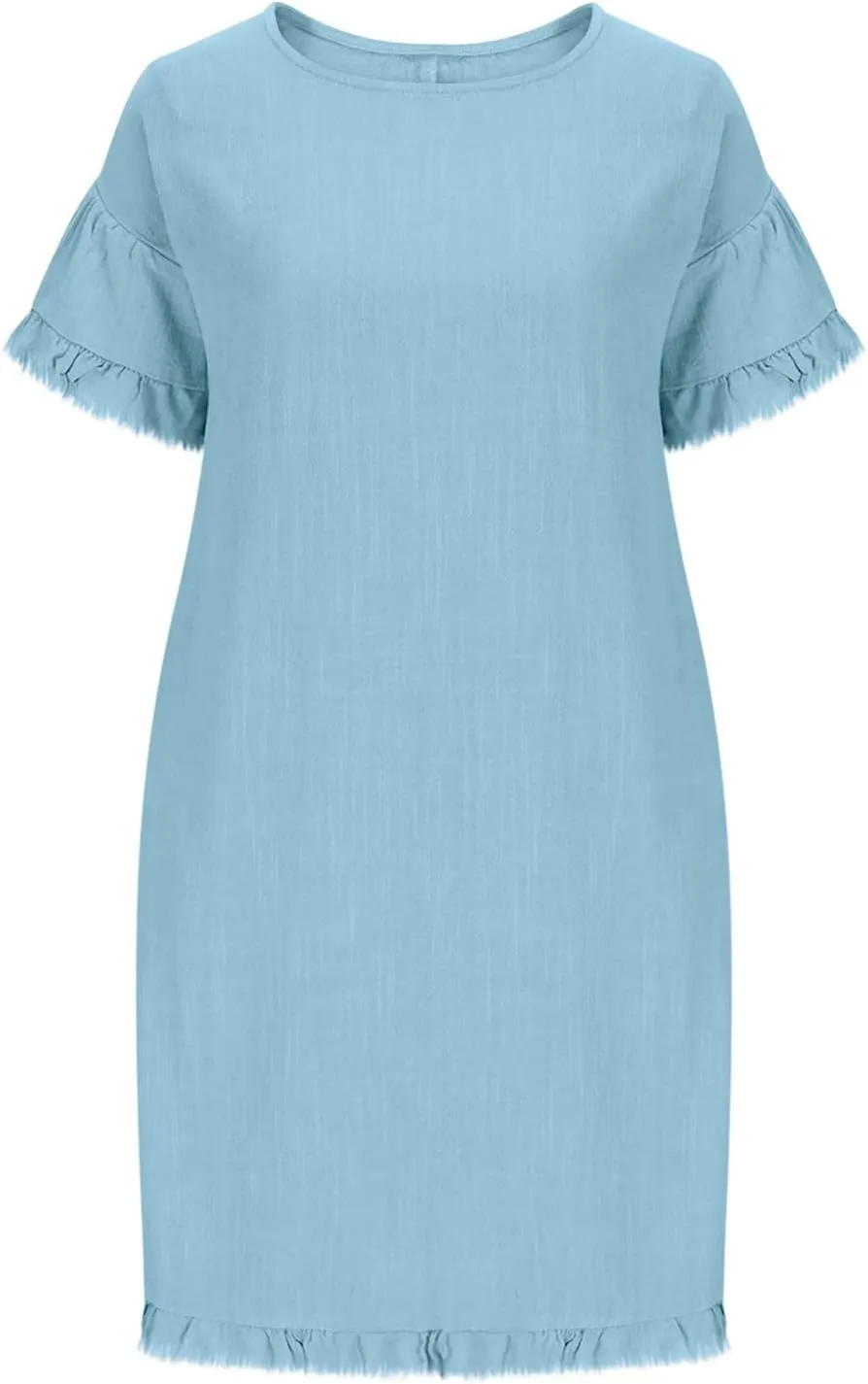 Cotton Linen Dress for Women Short Sleeve Crewneck Mini Dresses for Summer Solid Color Shift Dress with Pockets