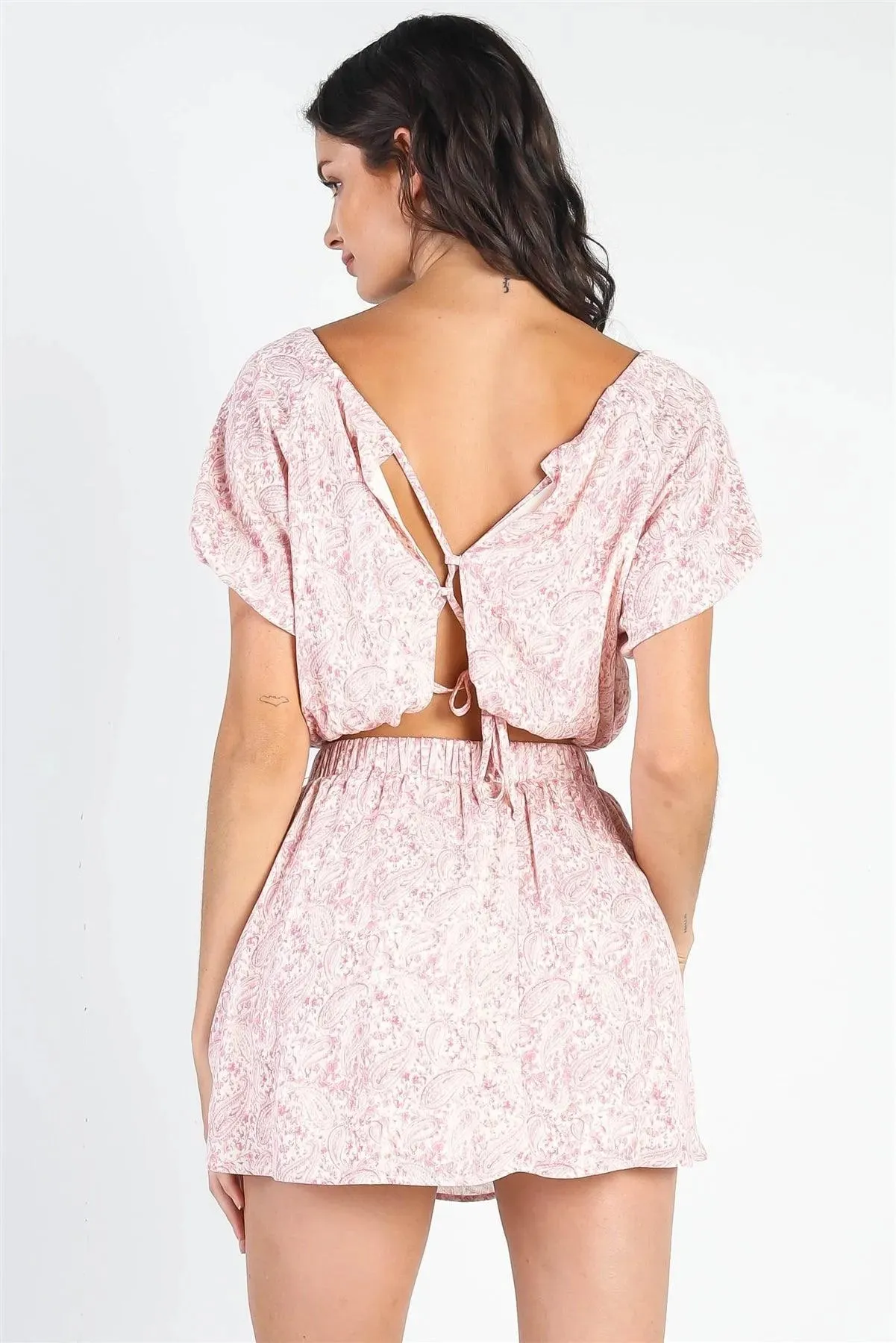 Cream & Pink Paisley Print Textured Crop Top & Mini Skirt Set /3-2-1