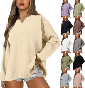Crewneck Oversized Sweatshirt for Women Waffle Knit Long Sleeve Comfort Hoodie Athleisure Color Block Pullover Sweater