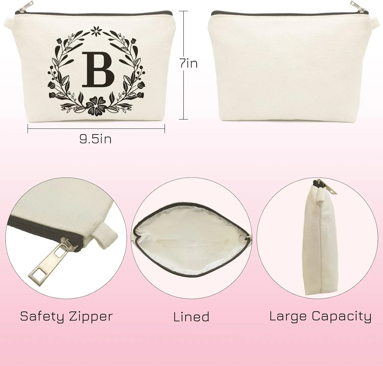 Cute Small Canvas Makeup Bag Personalized, Silicone Beaded Wristlet Bracelet Keychain with Initial, Flower Makeup Pouch Cosmetic Bag, Gift for Women, Teacher, Bridesmaids (Letter B)