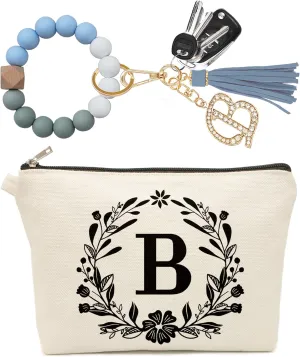 Cute Small Canvas Makeup Bag Personalized, Silicone Beaded Wristlet Bracelet Keychain with Initial, Flower Makeup Pouch Cosmetic Bag, Gift for Women, Teacher, Bridesmaids (Letter B)
