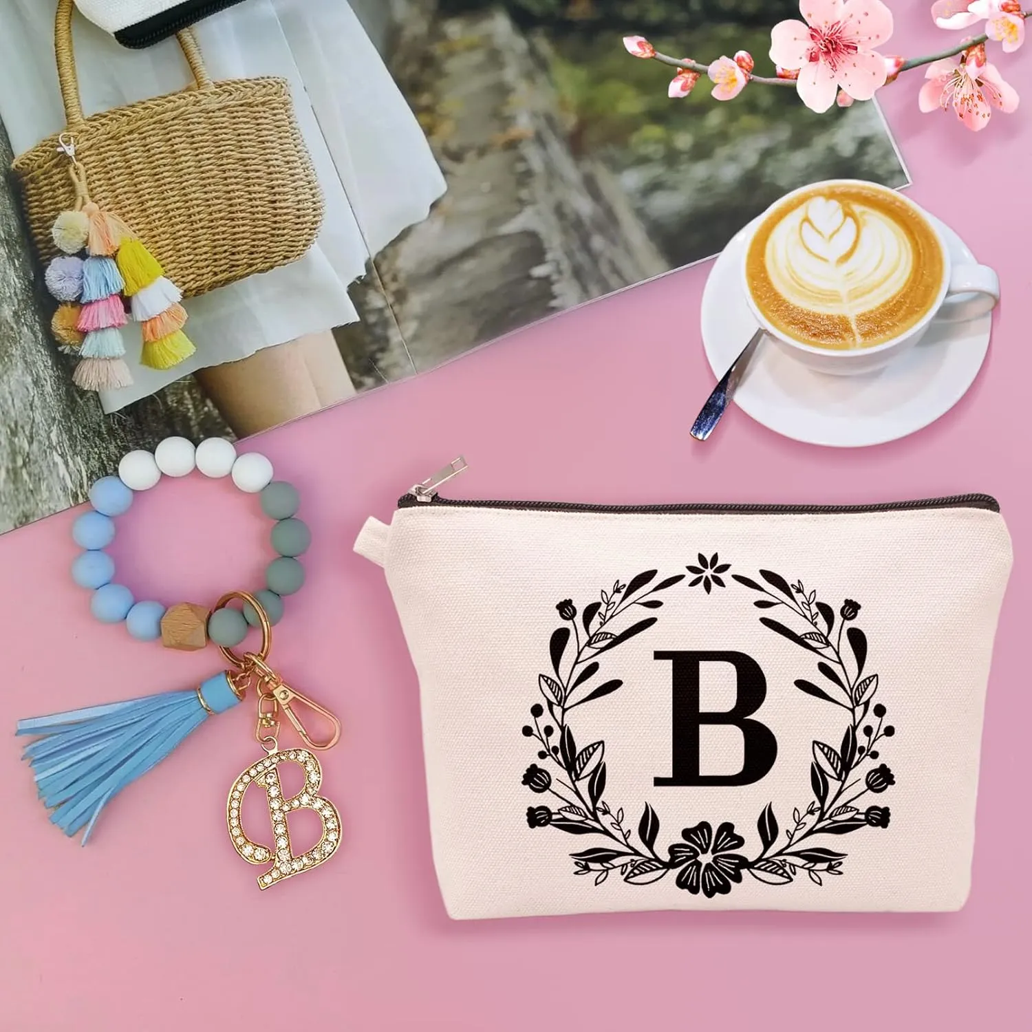 Cute Small Canvas Makeup Bag Personalized, Silicone Beaded Wristlet Bracelet Keychain with Initial, Flower Makeup Pouch Cosmetic Bag, Gift for Women, Teacher, Bridesmaids (Letter B)