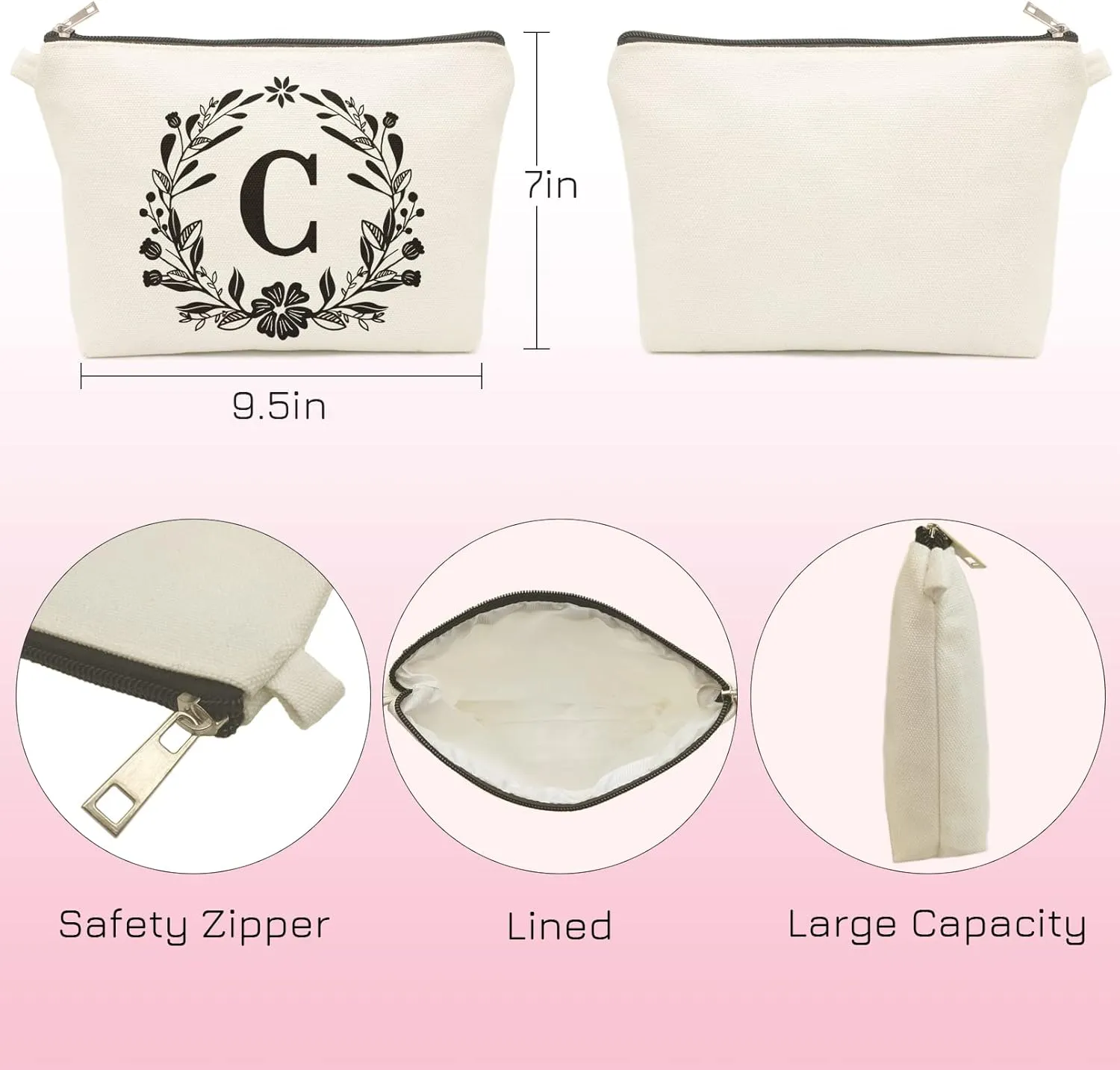 Cute Small Canvas Makeup Bag Personalized, Silicone Beaded Wristlet Bracelet Keychain with Initial, Flower Makeup Pouch Cosmetic Bag, Gift for Women, Teacher, Bridesmaids (Letter C)