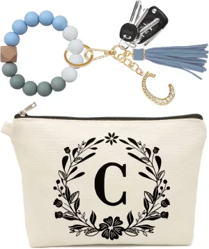 Cute Small Canvas Makeup Bag Personalized, Silicone Beaded Wristlet Bracelet Keychain with Initial, Flower Makeup Pouch Cosmetic Bag, Gift for Women, Teacher, Bridesmaids (Letter C)