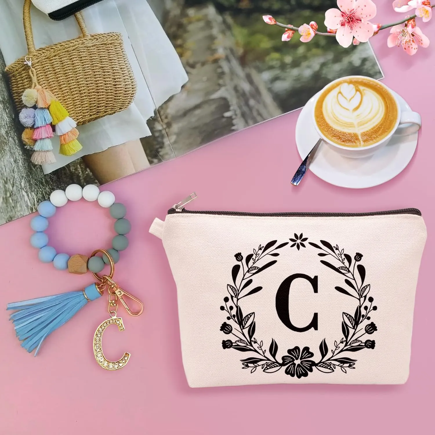 Cute Small Canvas Makeup Bag Personalized, Silicone Beaded Wristlet Bracelet Keychain with Initial, Flower Makeup Pouch Cosmetic Bag, Gift for Women, Teacher, Bridesmaids (Letter C)