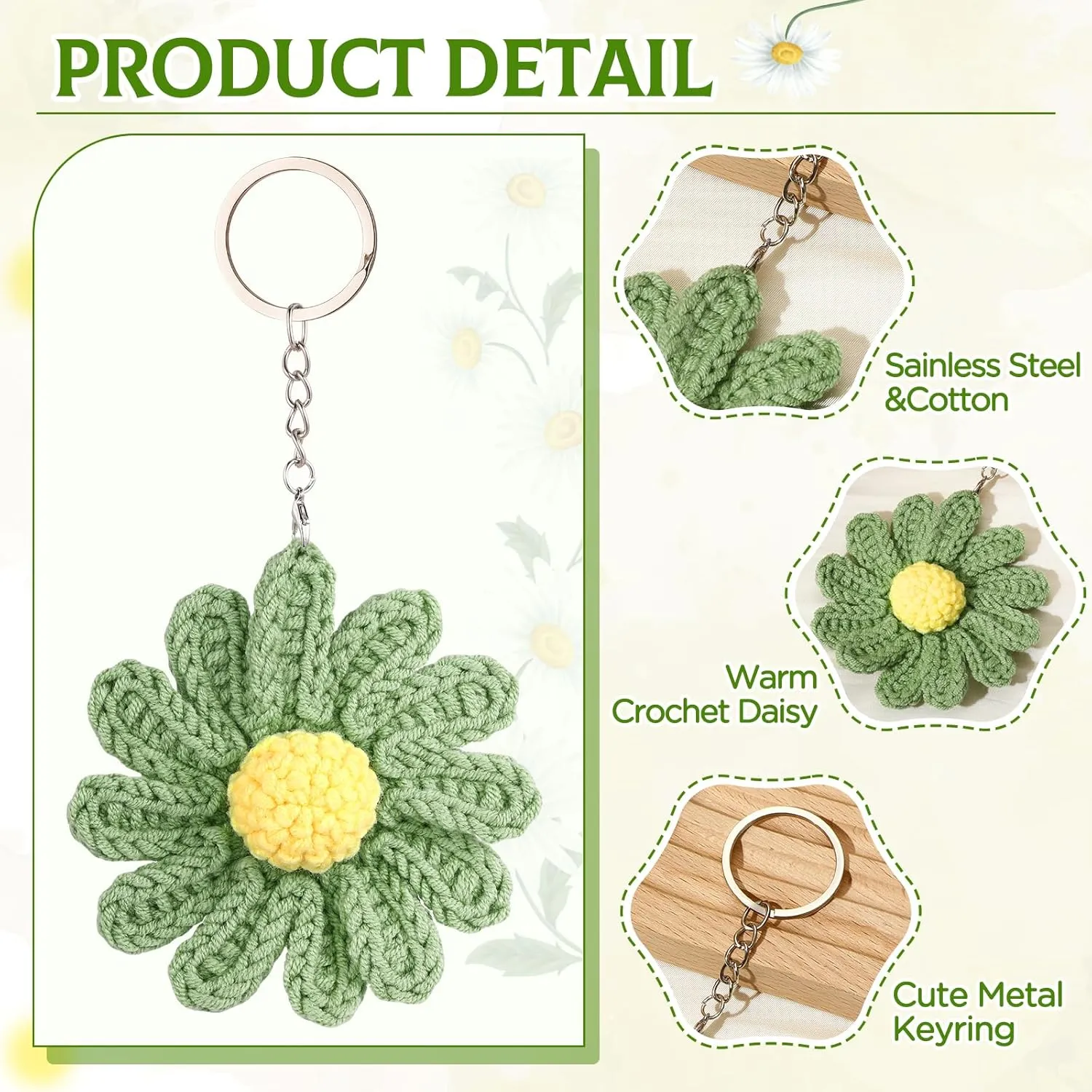 Daisy Keychain,Cute Daisy Crochet Flower Bag Charms for Women Handmade Floral Keyring Decor Gifts Purse Wallet