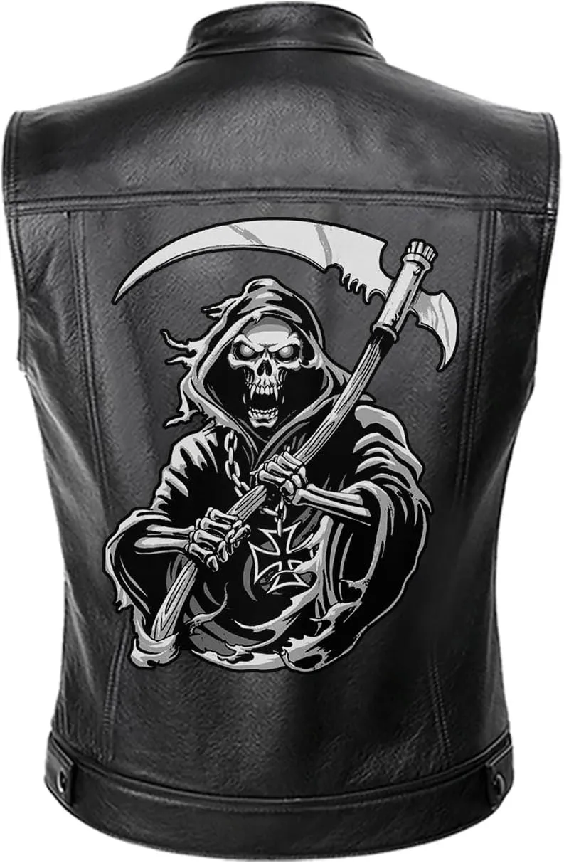 Dark Grim Death Skull Gothic Custom Men PU Leather Vest Jacket Coat