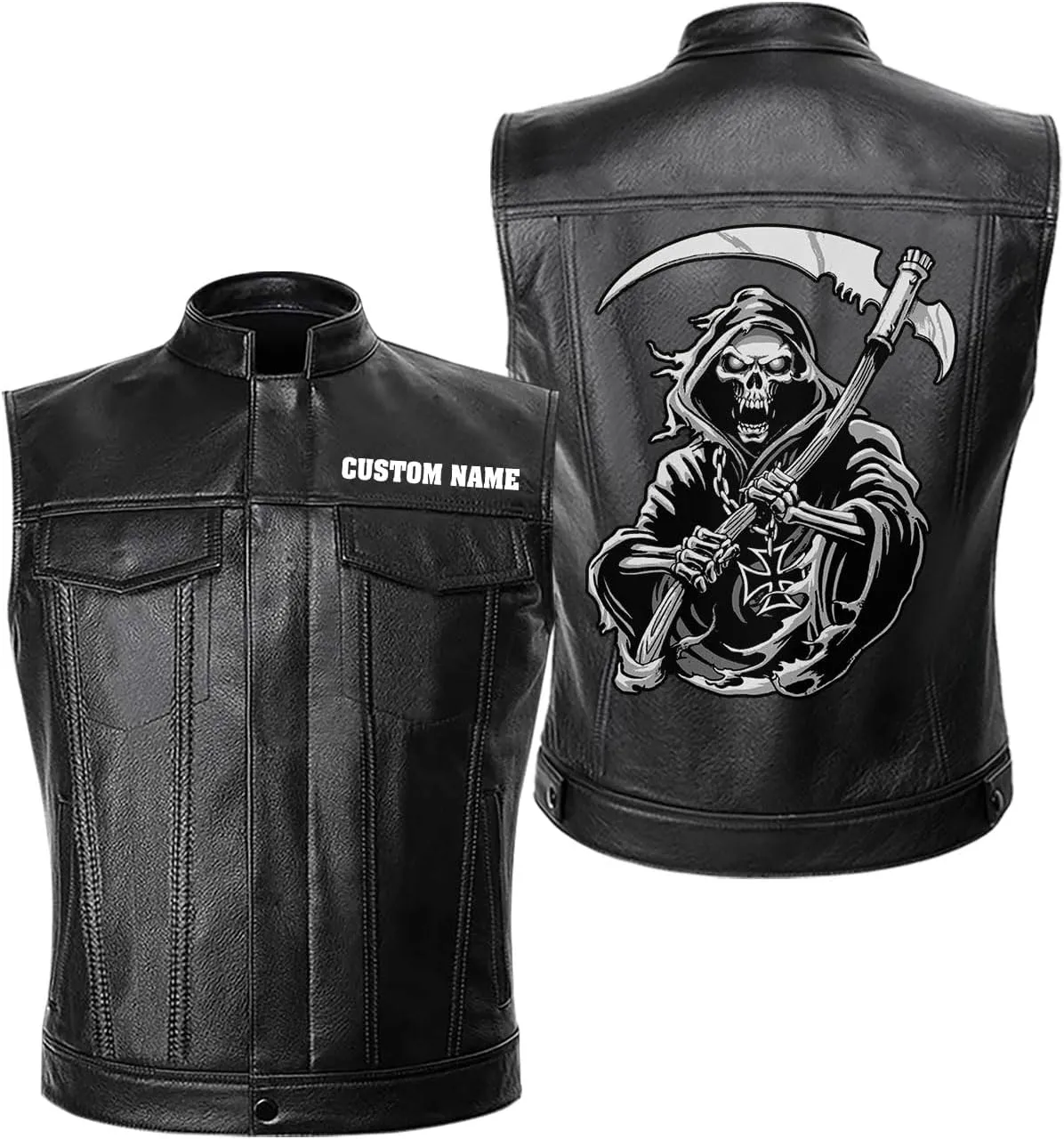 Dark Grim Death Skull Gothic Custom Men PU Leather Vest Jacket Coat