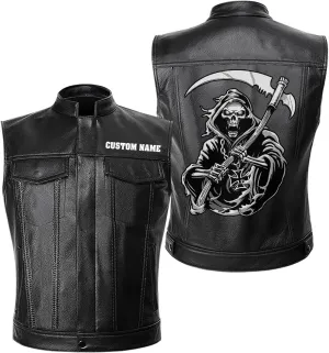 Dark Grim Death Skull Gothic Custom Men PU Leather Vest Jacket Coat