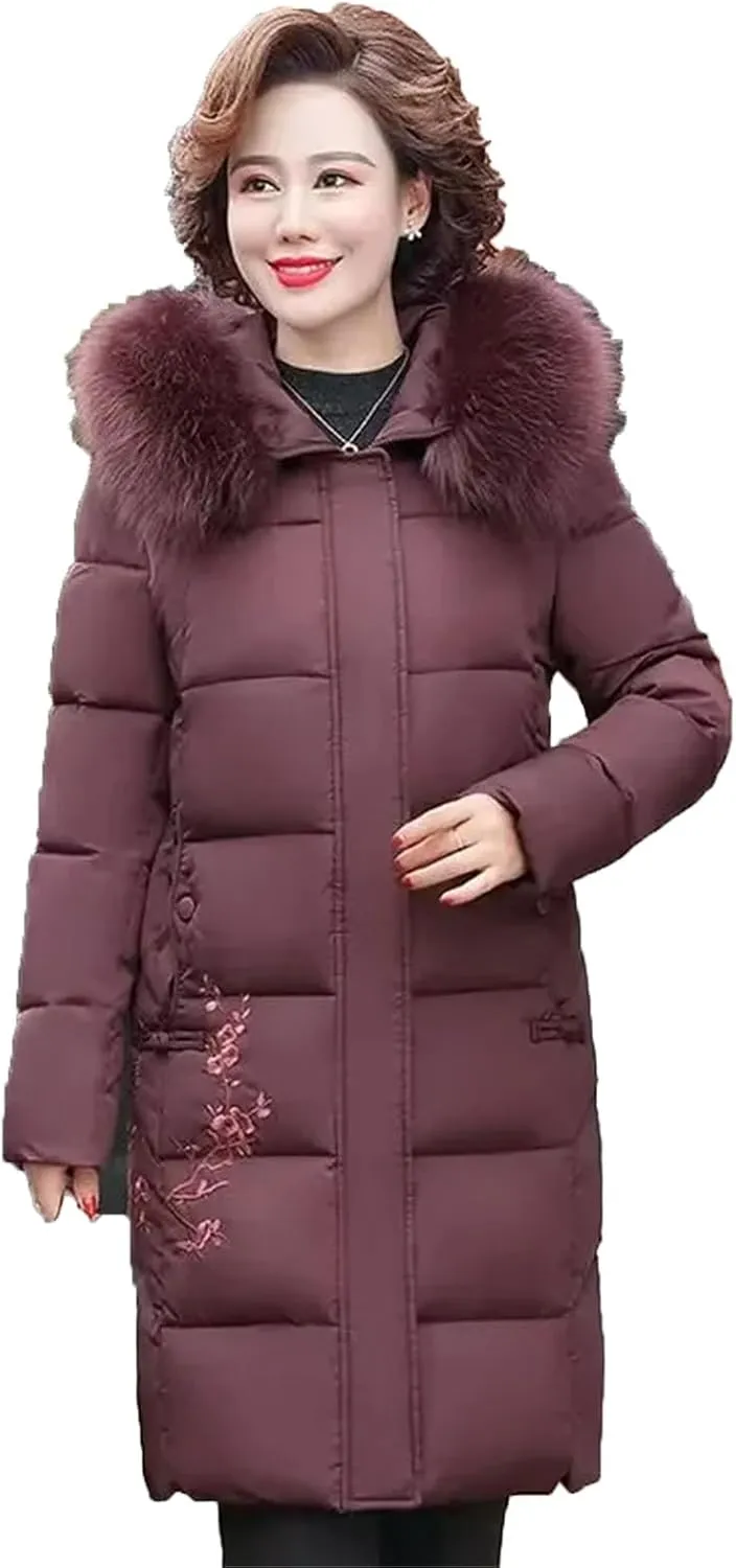 Dcvmvmn Women's Down Jacket Mid-Length Cotton Parka Coat Hooded Short Padded Puffer Overcoat Purple