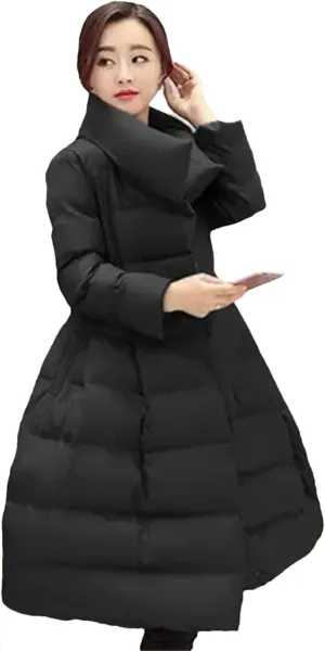 Dcvmvmn Women's Down Parkas Coat Winter Mid Length Cotton Jacket Fluffy Warm Cotton Padded Outerwear Black
