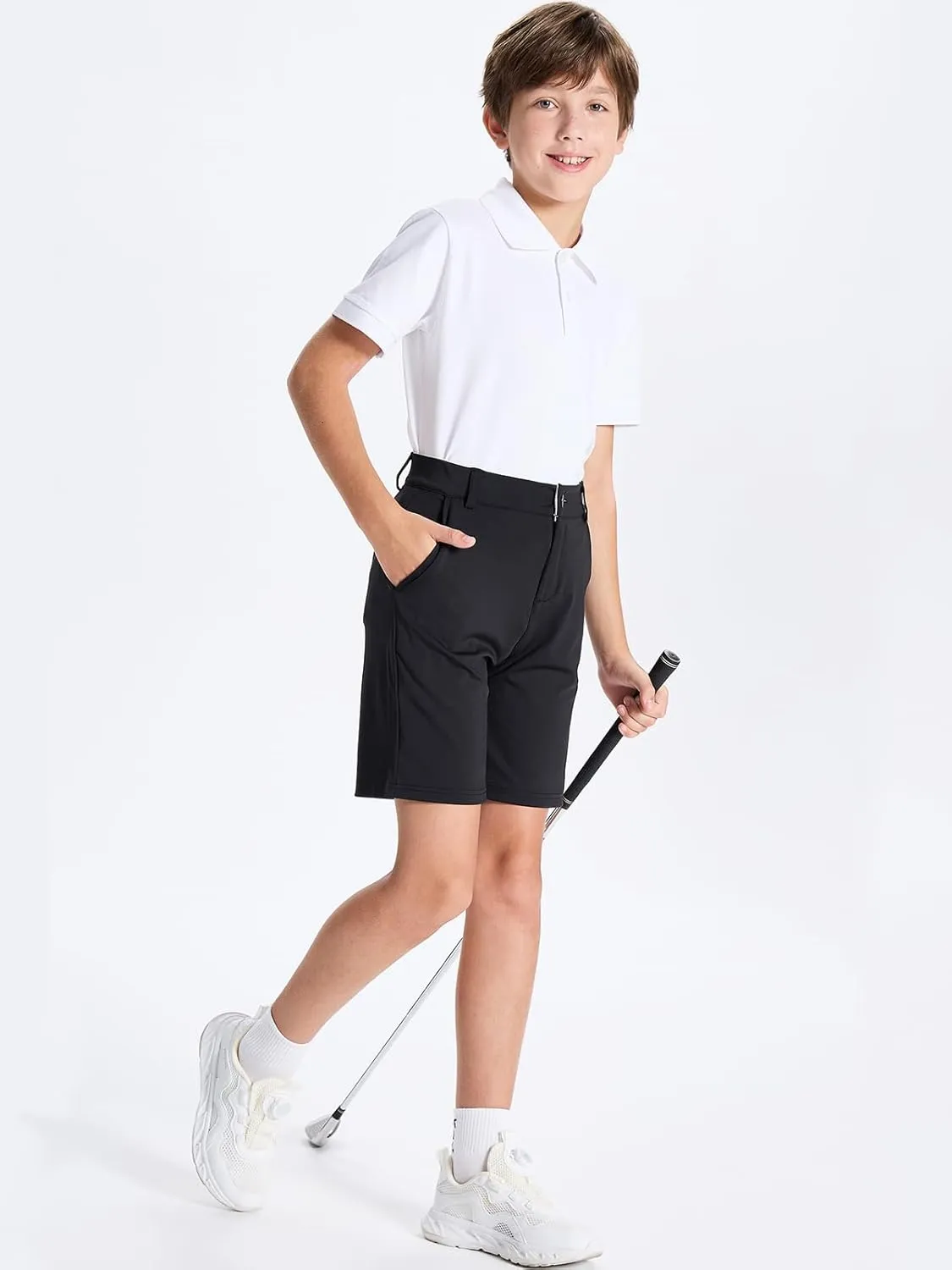 DEVOROPA Youth Boys Golf Shorts Stretch School Uniform Clothes Kids Flat Front Dress Chino Hybrid Twill Casual Shorts Pockets