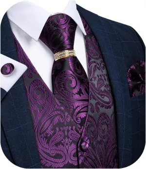 DiBanGu Men's Suit Vest Formal Men Paisley Vest Jacquard Tie Waistcoat Hanky Set With Tie Ring Wedding Party 5PCS