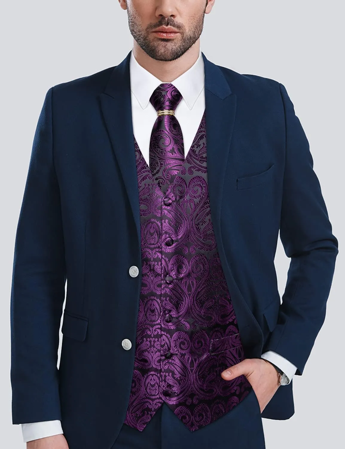 DiBanGu Men's Suit Vest Formal Men Paisley Vest Jacquard Tie Waistcoat Hanky Set With Tie Ring Wedding Party 5PCS