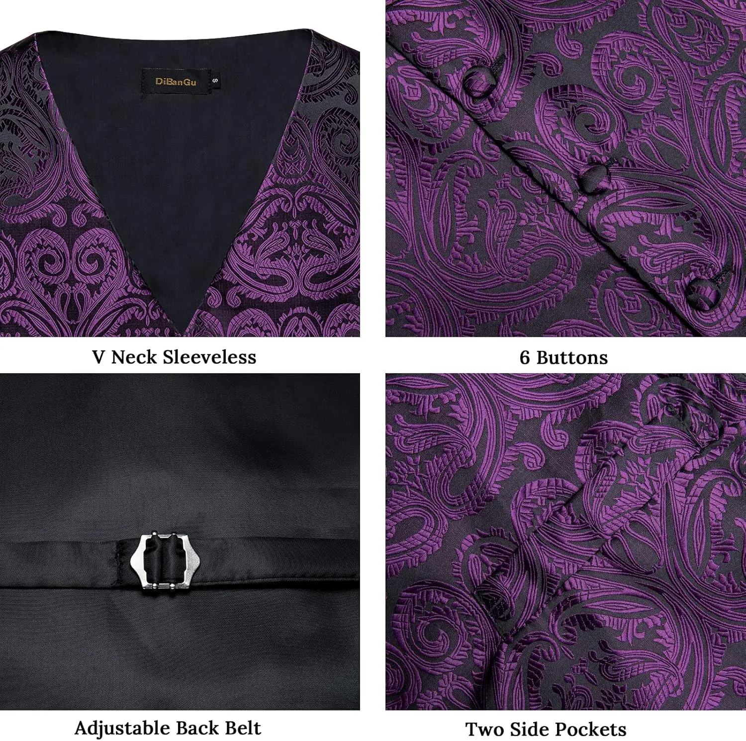 DiBanGu Men's Suit Vest Formal Men Paisley Vest Jacquard Tie Waistcoat Hanky Set With Tie Ring Wedding Party 5PCS