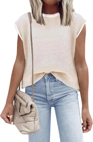Disamer Womens Short Sleeve Sweater Tops Spring Summer Shirts 2025 Striped Pullover Cap Sleeve Knit Sleeveless Vest