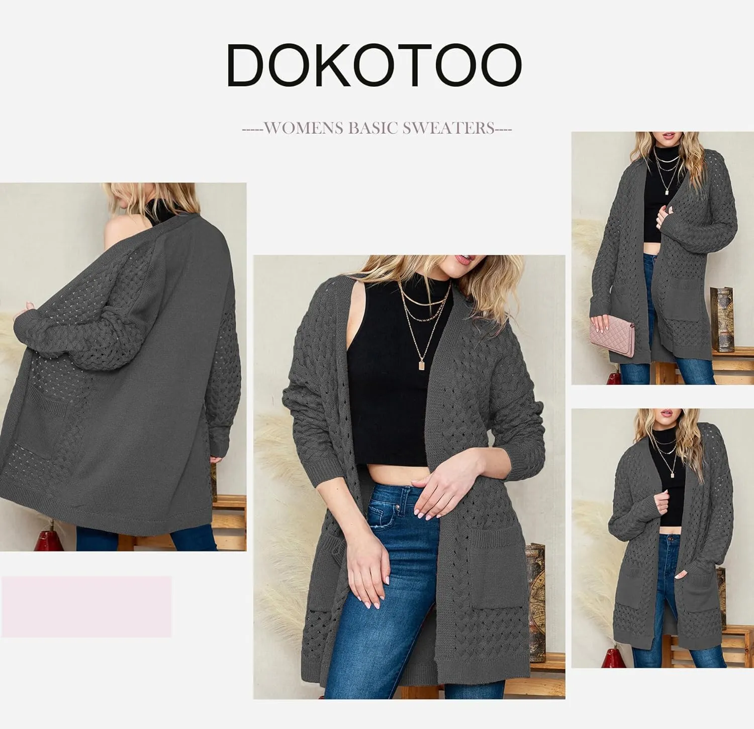 Dokotoo Women's 2024 Fashion Casual Open Front Long Sleeve Chunky Cable Knit Cardigans Sweaters Outerwear Coats with Pockets