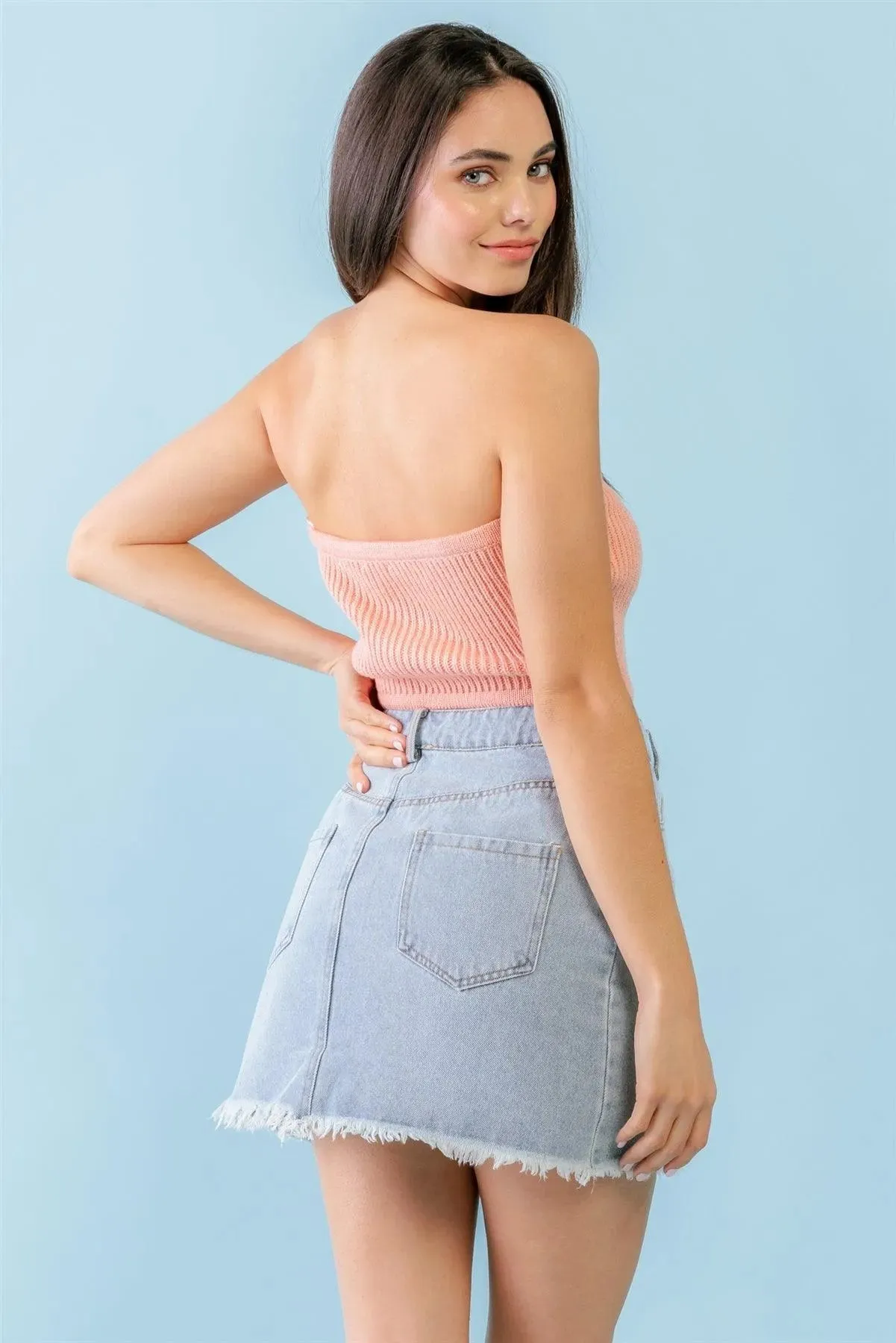 Dusty Peach Knit Strapless Crop Top /3-2-1