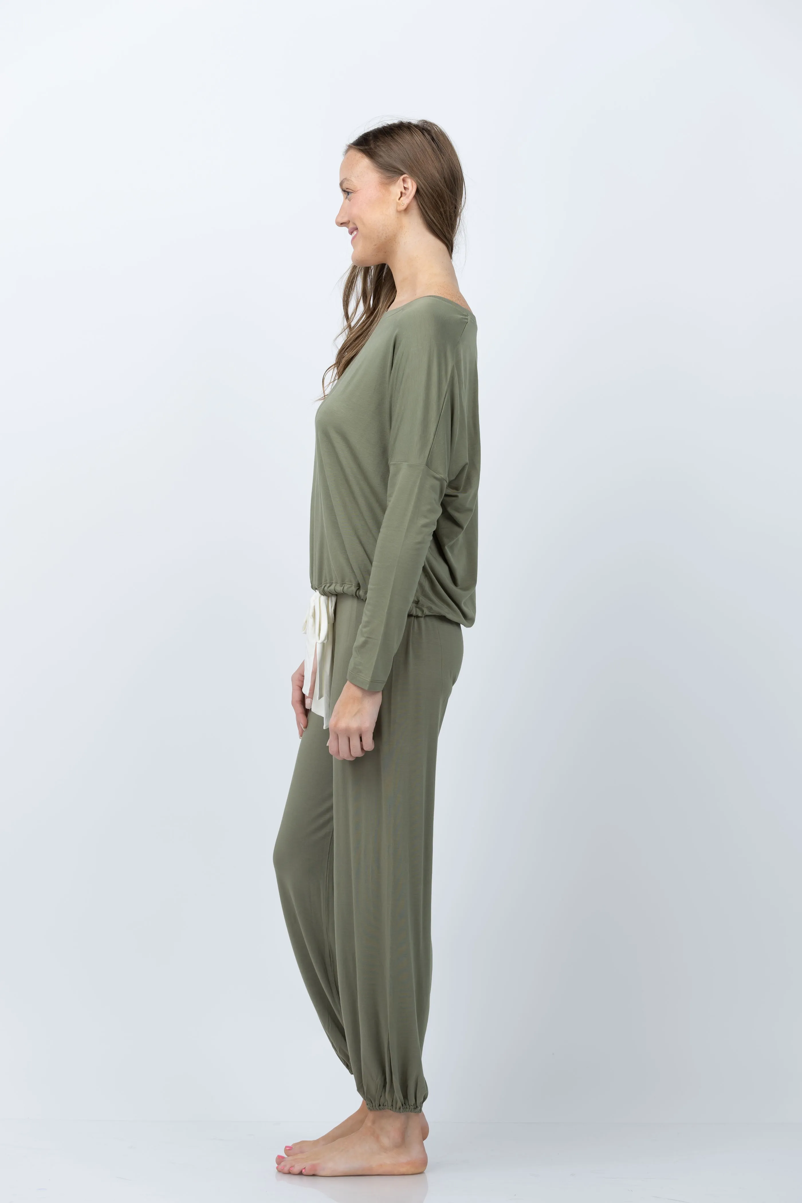 Eberjey Gisele Slouchy Pajama Set in Moss/ Ivory