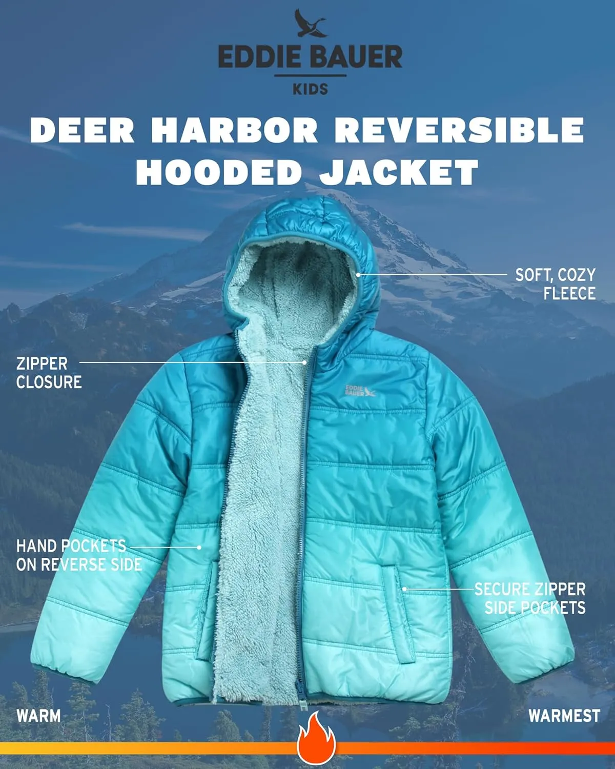 Eddie Bauer Boys' Reversible Jacket - Waterproof Lightweight Fleece Lined Hooded Puffer Coat - Boys Outerwear Jacket (5-20)