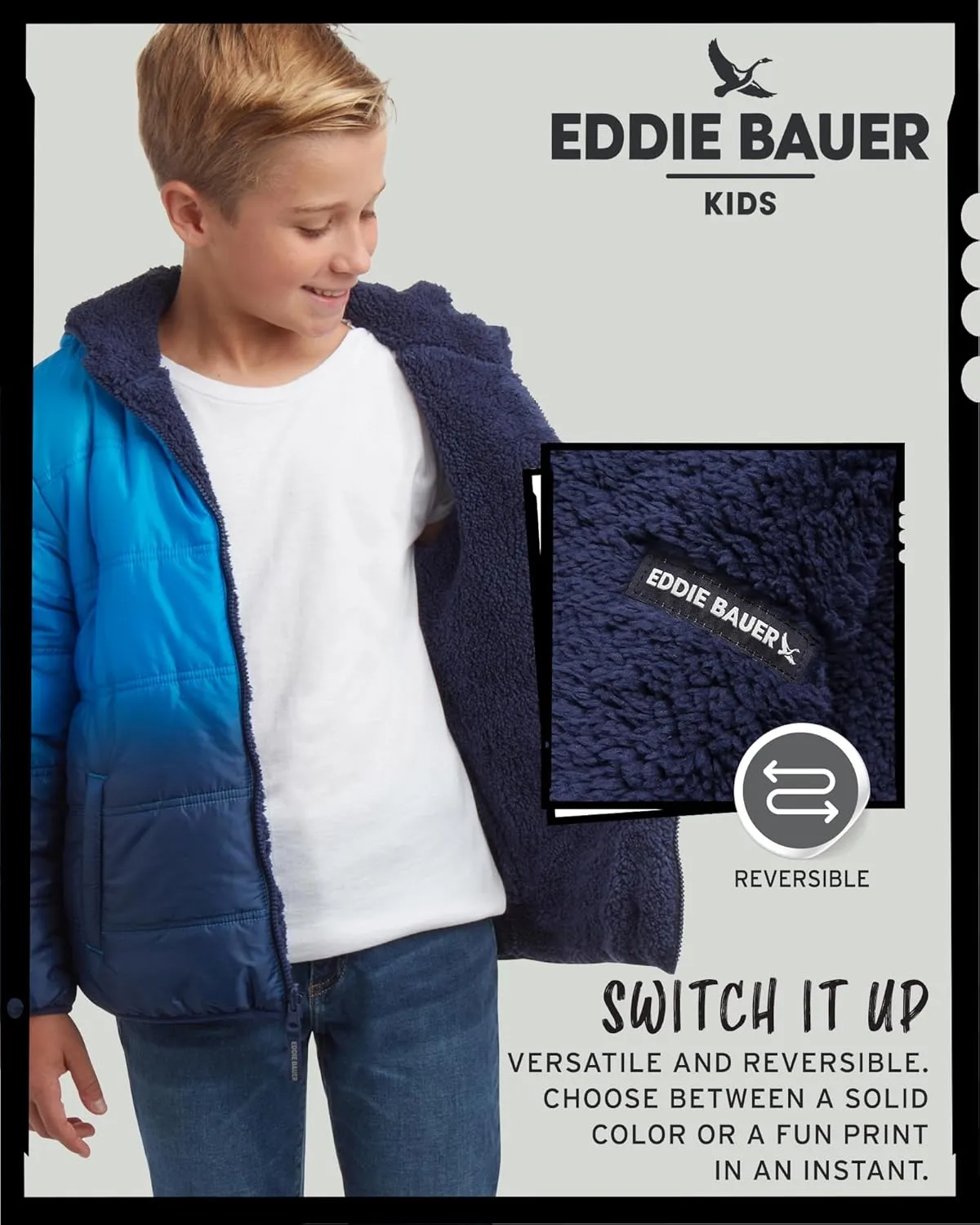 Eddie Bauer Boys' Reversible Jacket - Waterproof Lightweight Fleece Lined Hooded Puffer Coat - Boys Outerwear Jacket (5-20)