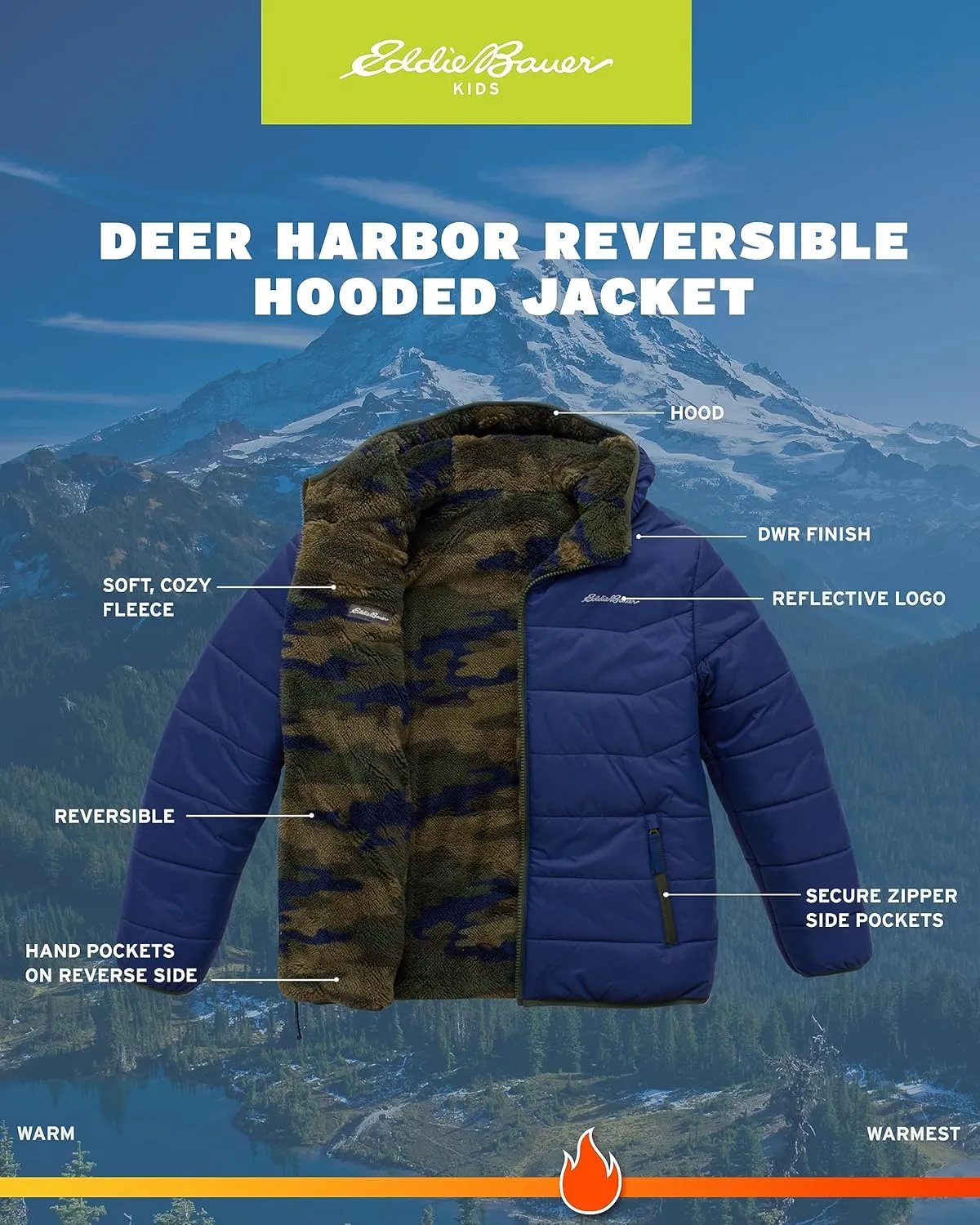 Eddie Bauer Boys' Reversible Jacket - Waterproof Lightweight Fleece Lined Hooded Puffer Coat - Boys Outerwear Jacket (5-20)