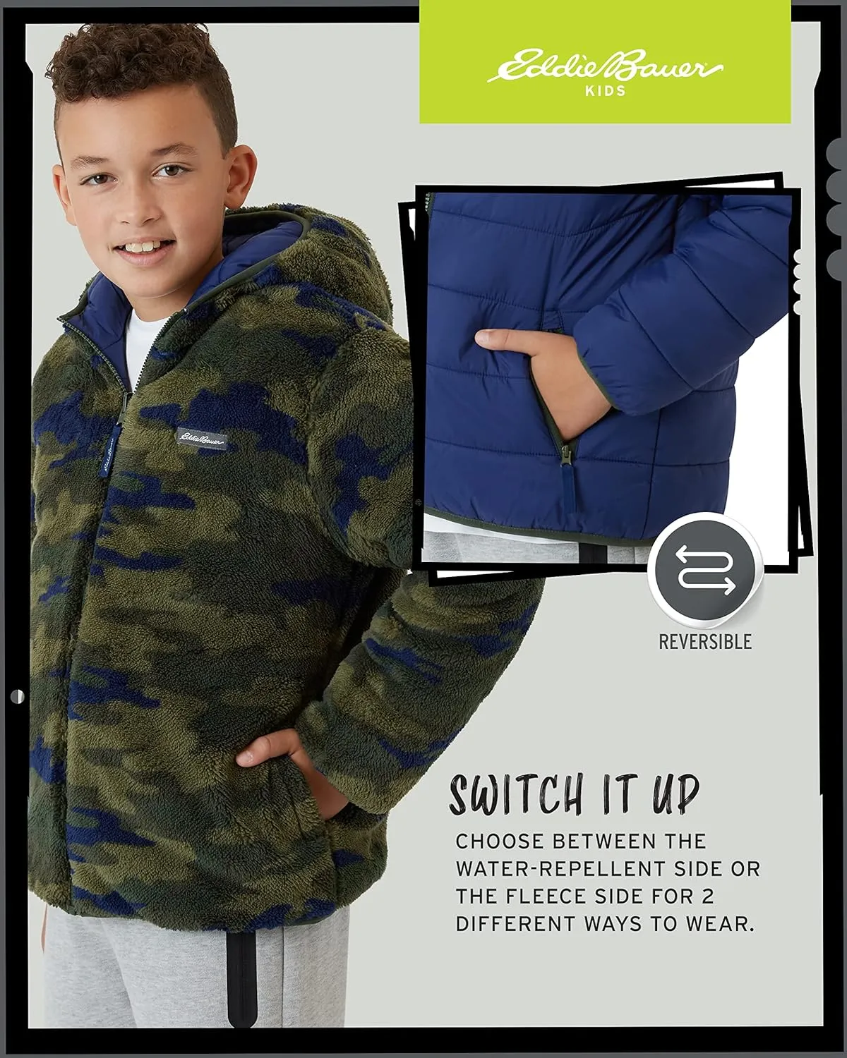 Eddie Bauer Boys' Reversible Jacket - Waterproof Lightweight Fleece Lined Hooded Puffer Coat - Boys Outerwear Jacket (5-20)