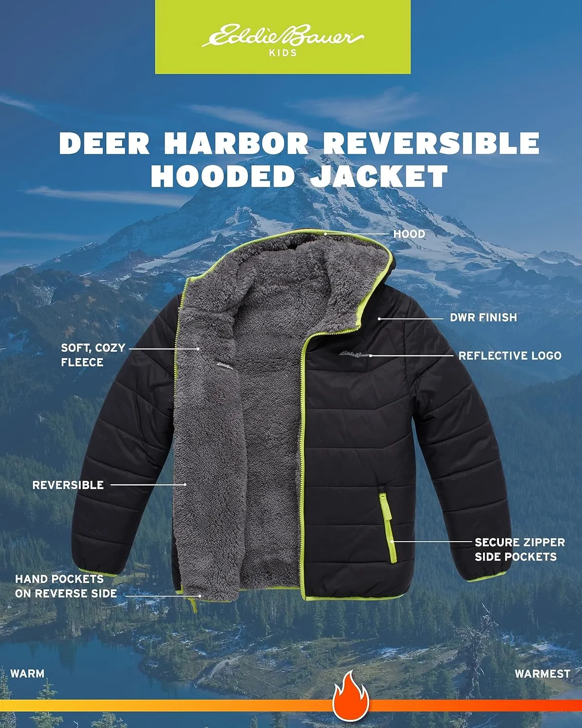 Eddie Bauer Boys' Reversible Jacket - Waterproof Lightweight Fleece Lined Hooded Puffer Coat - Boys Outerwear Jacket (5-20)