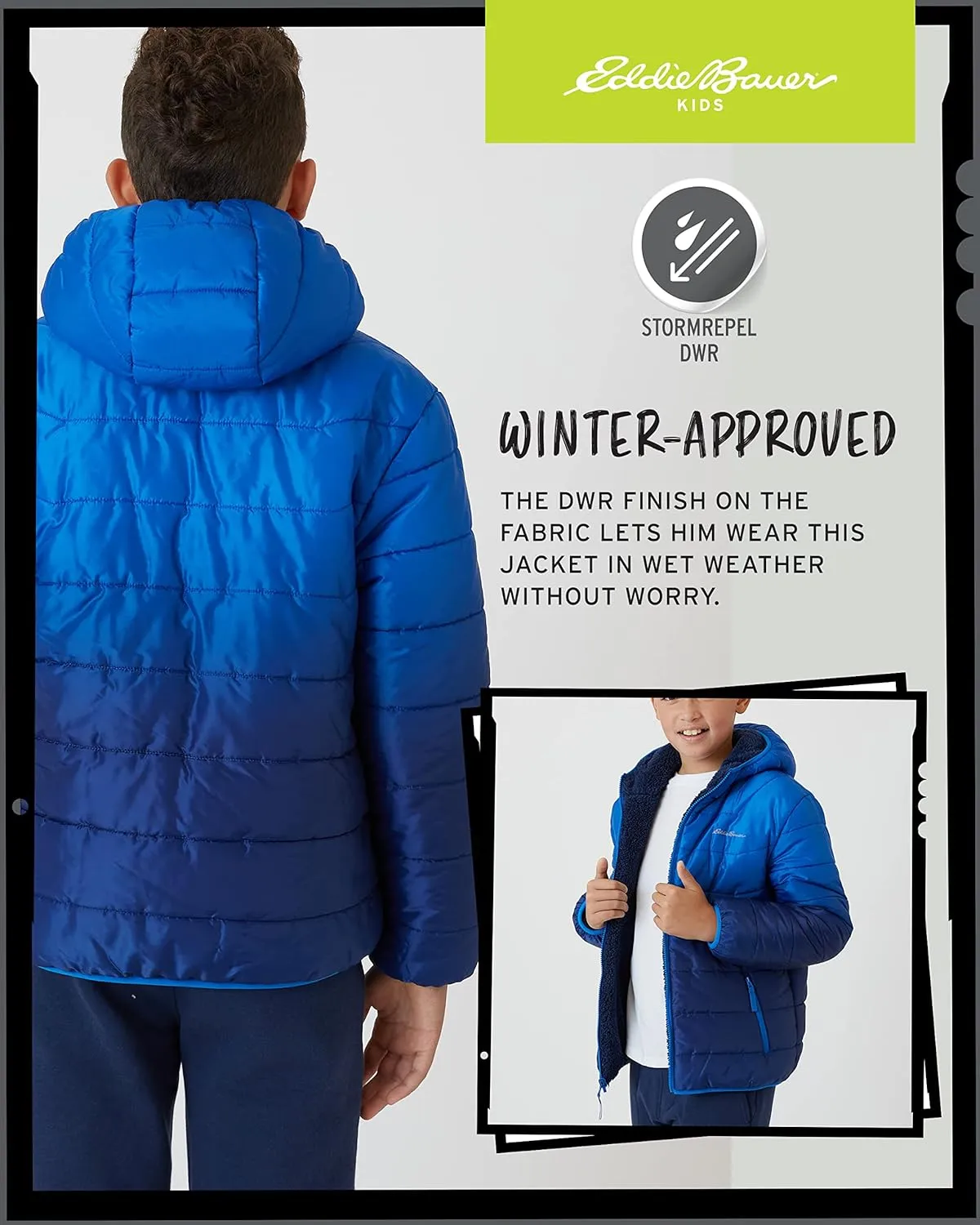 Eddie Bauer Boys' Reversible Jacket - Waterproof Lightweight Fleece Lined Hooded Puffer Coat - Boys Outerwear Jacket (5-20)