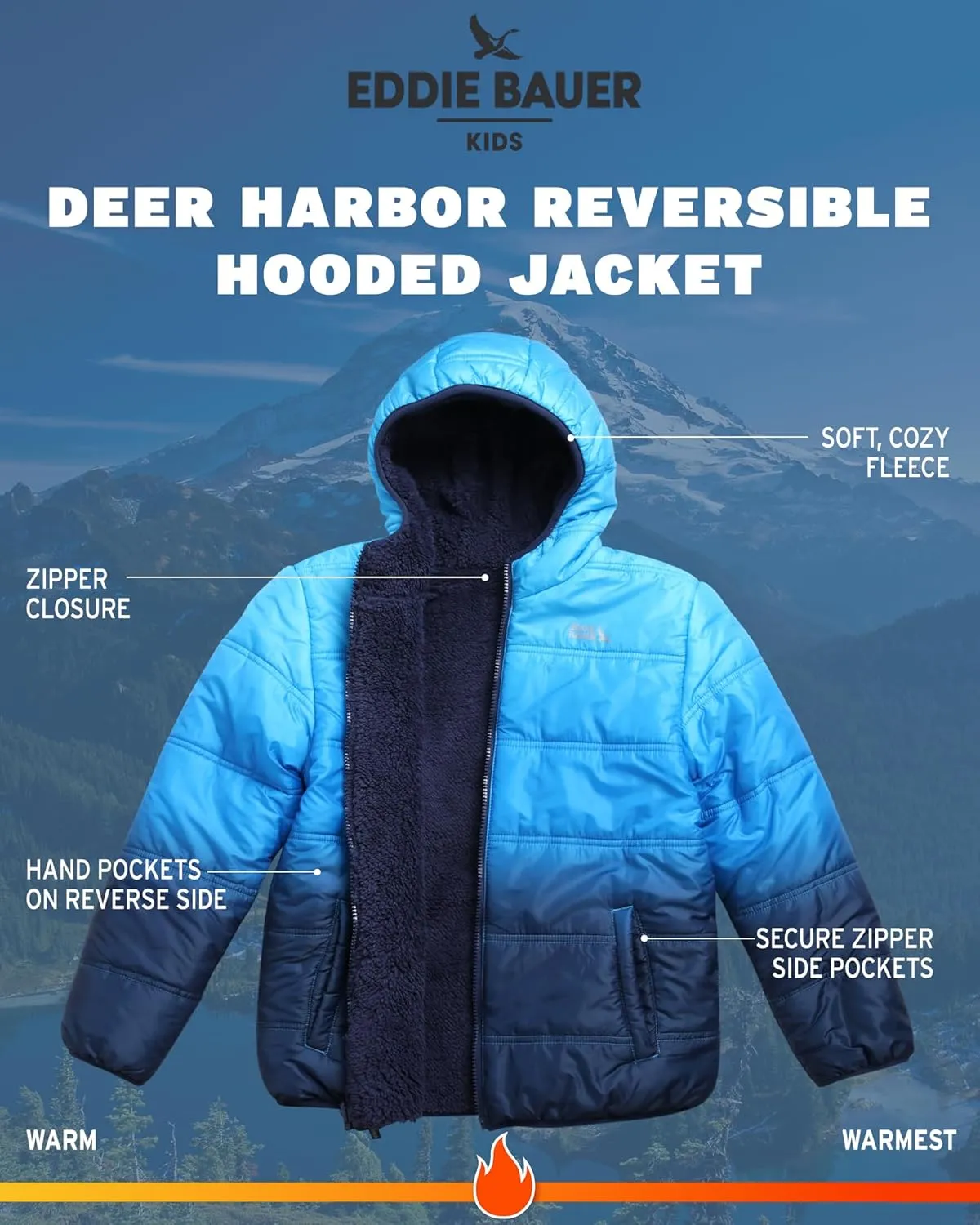 Eddie Bauer Boys' Reversible Jacket - Waterproof Lightweight Fleece Lined Hooded Puffer Coat - Boys Outerwear Jacket (5-20)