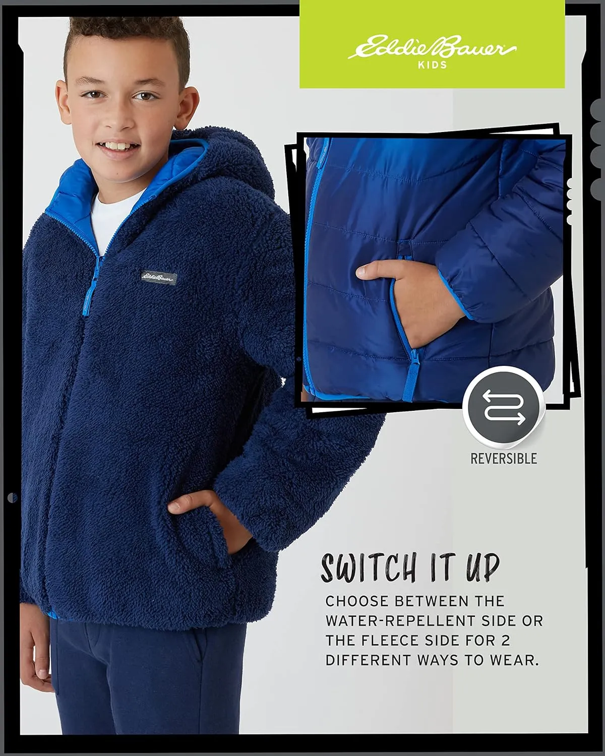Eddie Bauer Boys' Reversible Jacket - Waterproof Lightweight Fleece Lined Hooded Puffer Coat - Boys Outerwear Jacket (5-20)