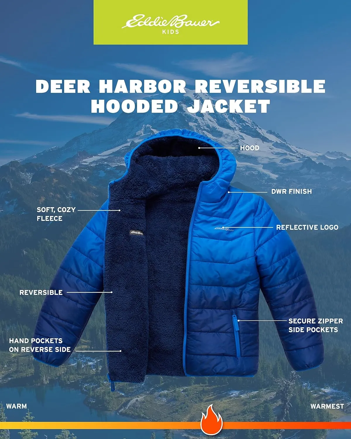 Eddie Bauer Boys' Reversible Jacket - Waterproof Lightweight Fleece Lined Hooded Puffer Coat - Boys Outerwear Jacket (5-20)