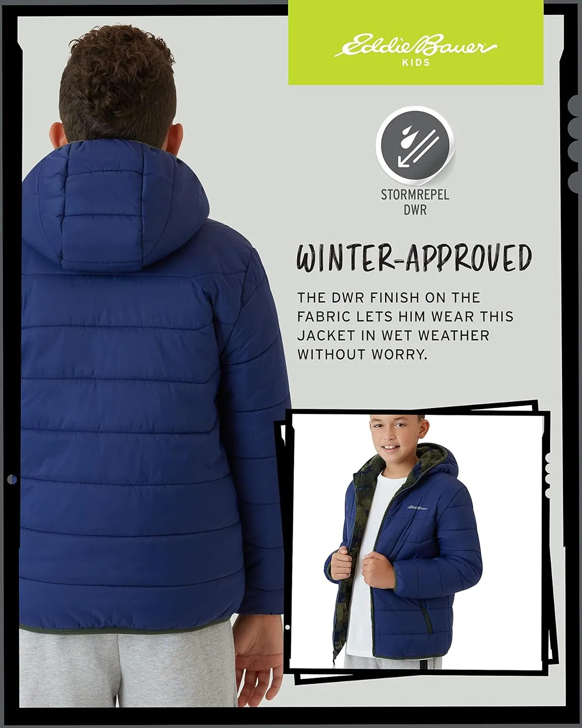 Eddie Bauer Boys' Reversible Jacket - Waterproof Lightweight Fleece Lined Hooded Puffer Coat - Boys Outerwear Jacket (5-20)