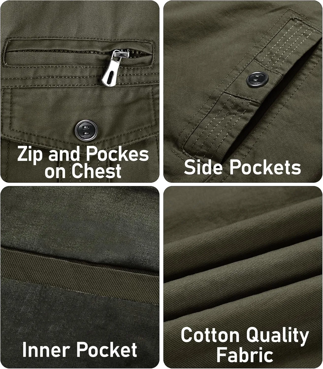 EKLENTSON Men's Cotton Lightweight Multi Pockets Zip Front Stand Collar Military Jackets Windbreaker