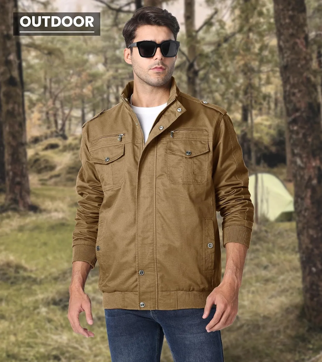 EKLENTSON Men's Cotton Lightweight Multi Pockets Zip Front Stand Collar Military Jackets Windbreaker