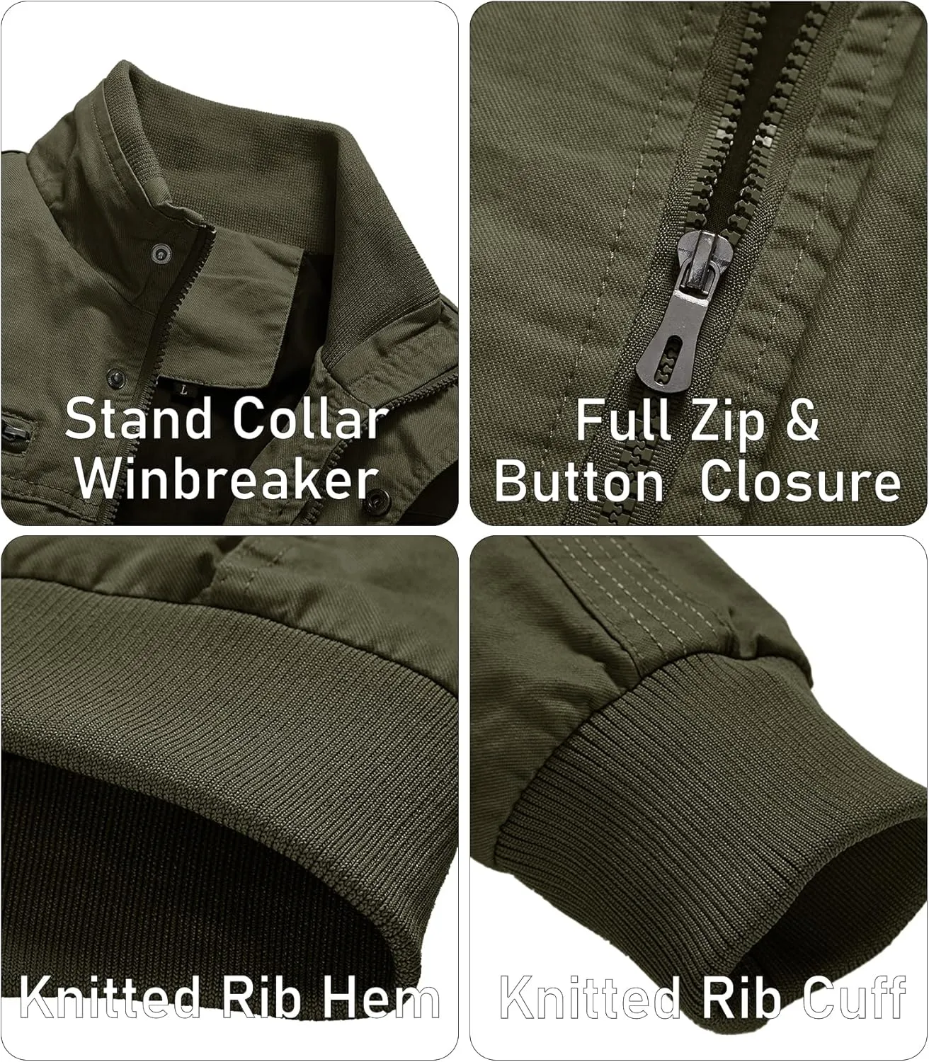 EKLENTSON Men's Cotton Lightweight Multi Pockets Zip Front Stand Collar Military Jackets Windbreaker