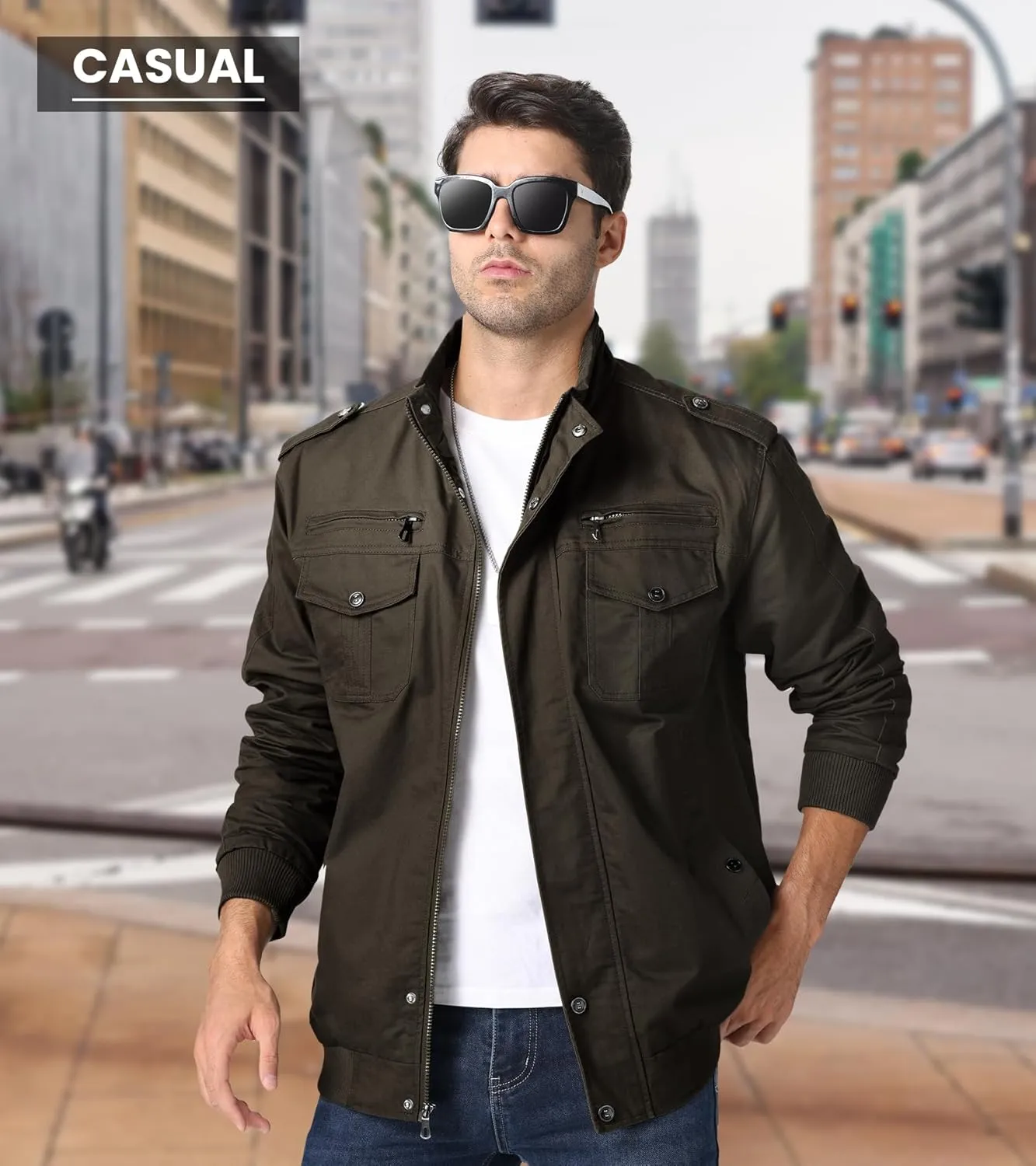 EKLENTSON Men's Cotton Lightweight Multi Pockets Zip Front Stand Collar Military Jackets Windbreaker