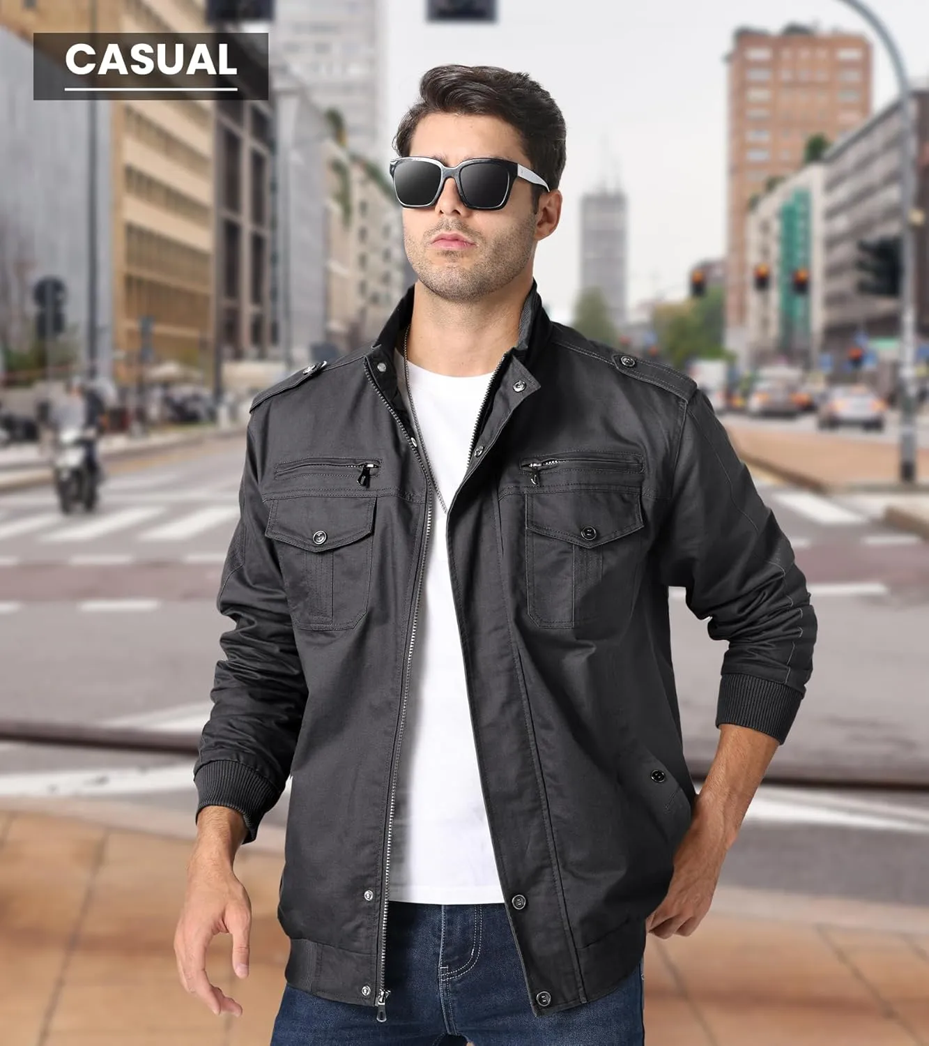 EKLENTSON Men's Cotton Lightweight Multi Pockets Zip Front Stand Collar Military Jackets Windbreaker