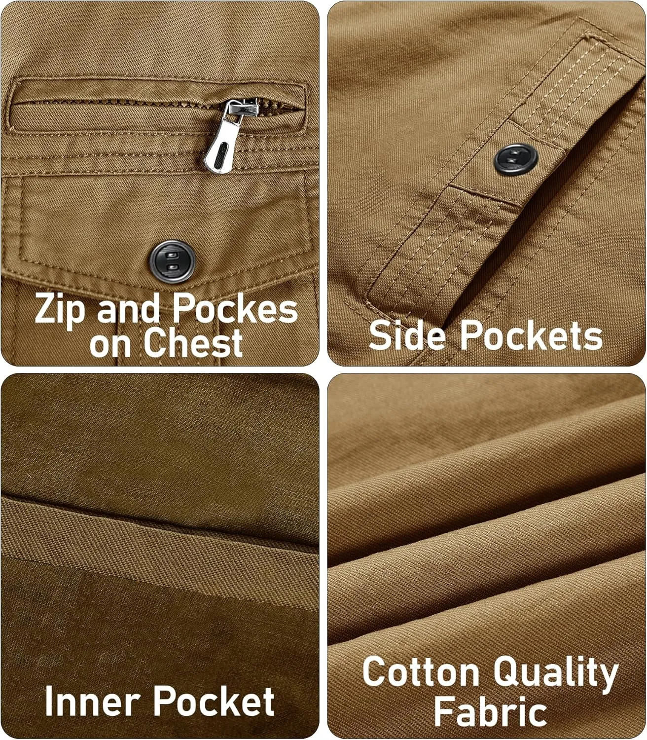 EKLENTSON Men's Cotton Lightweight Multi Pockets Zip Front Stand Collar Military Jackets Windbreaker