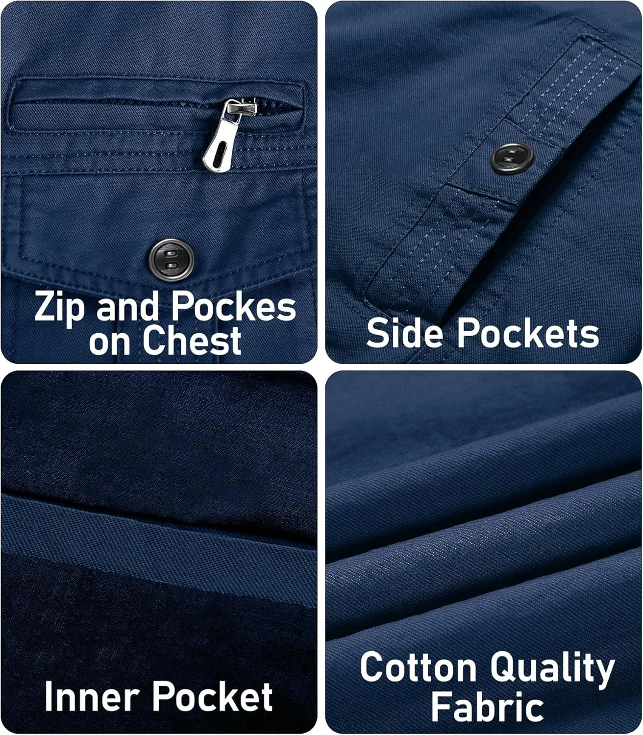EKLENTSON Men's Cotton Lightweight Multi Pockets Zip Front Stand Collar Military Jackets Windbreaker
