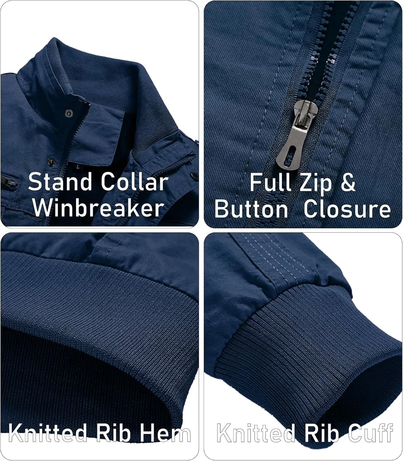 EKLENTSON Men's Cotton Lightweight Multi Pockets Zip Front Stand Collar Military Jackets Windbreaker