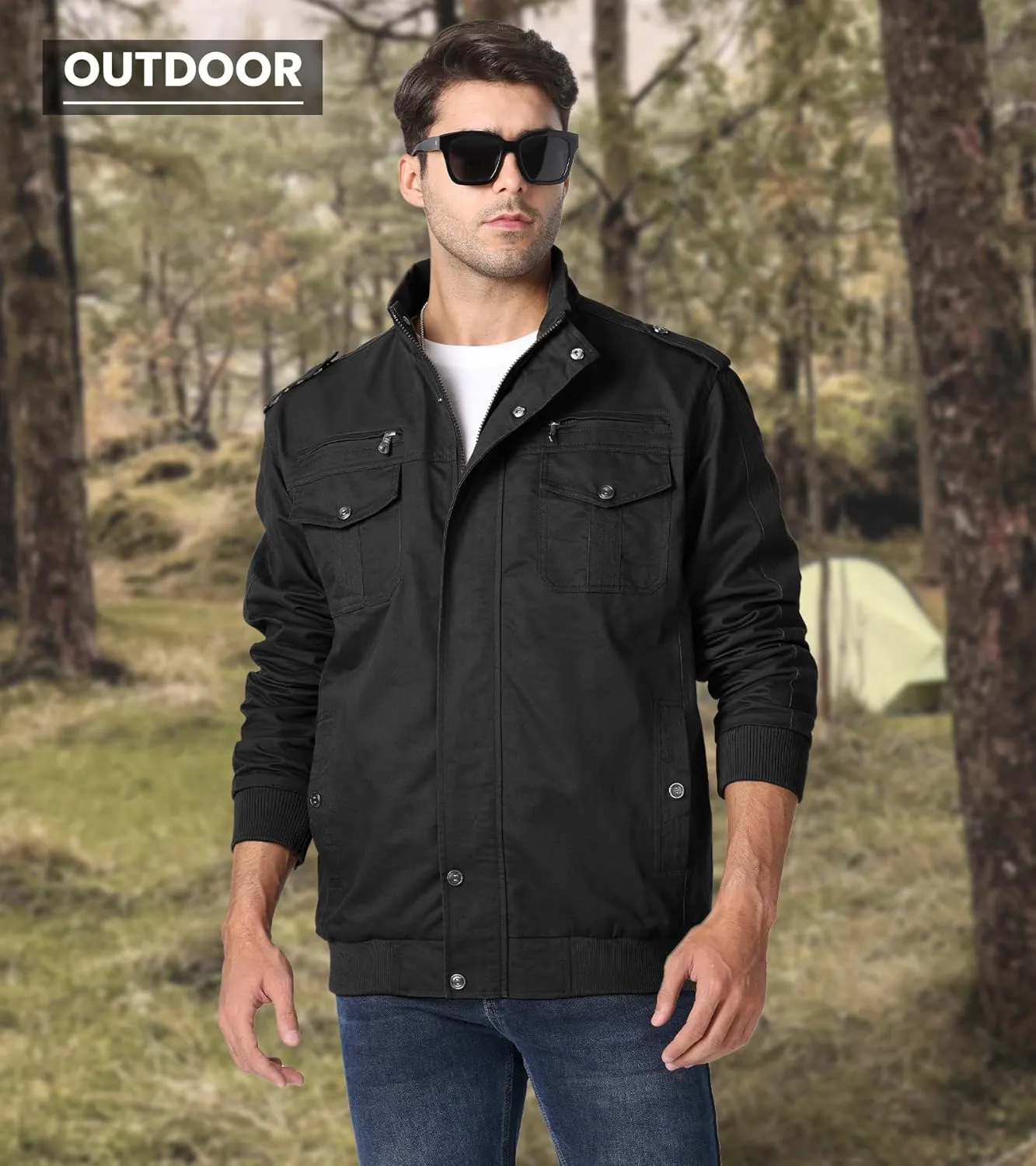 EKLENTSON Men's Cotton Lightweight Multi Pockets Zip Front Stand Collar Military Jackets Windbreaker
